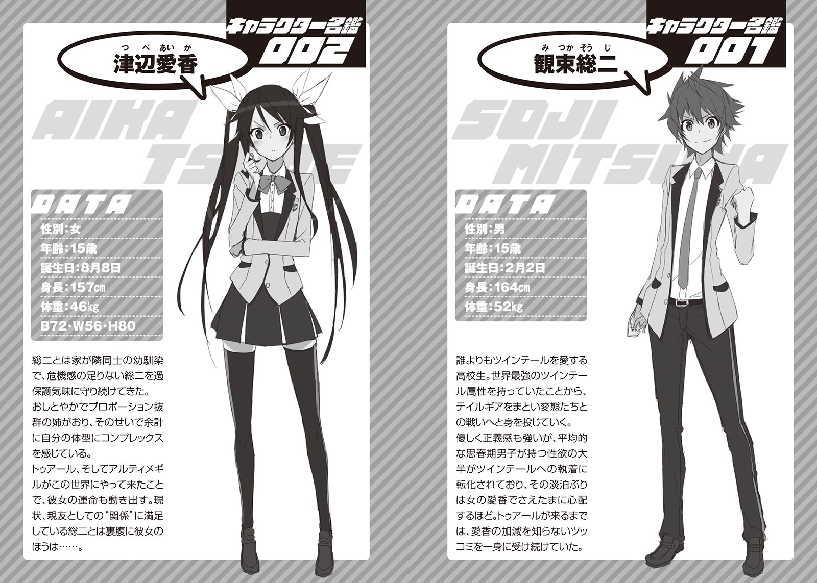 Souji Mitsuka's and Aika Tsube's character sheets, depicting height, weight, birthday, a brief character description, & BWH scores (in Aika's case).